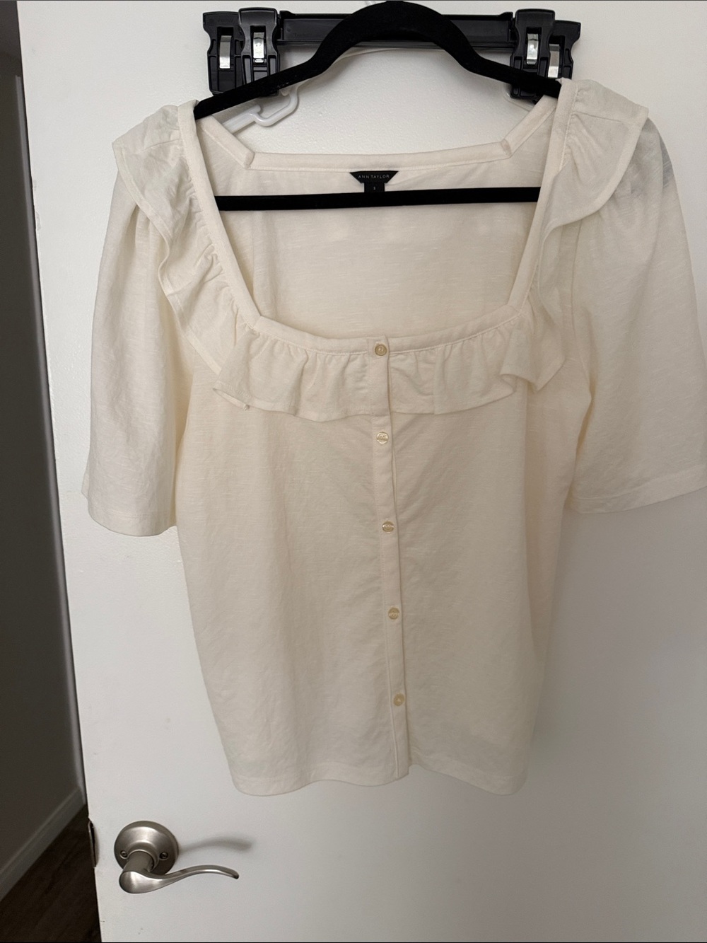 Ann Taylor Cream Ruffle-Trim Button Front Blouse